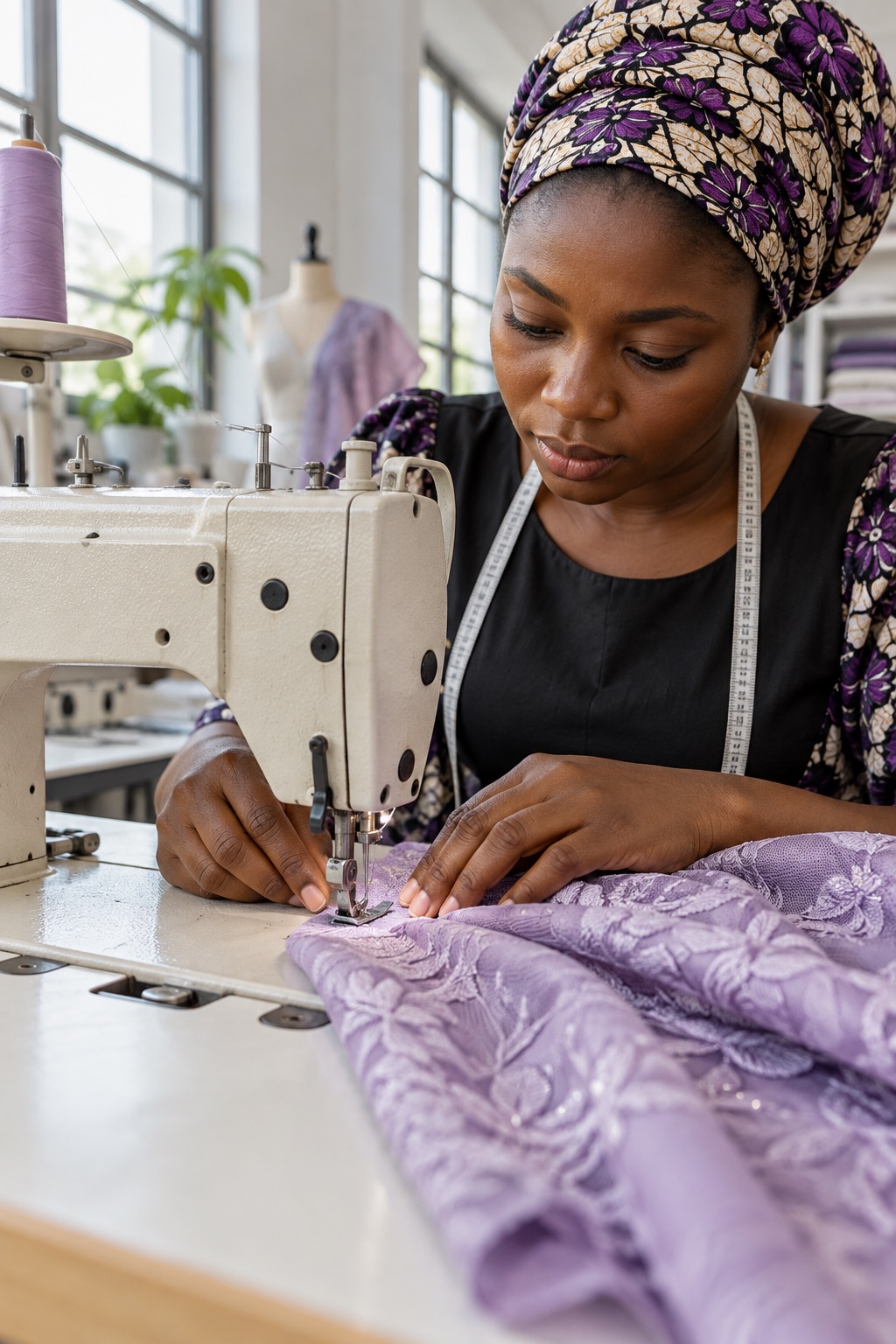 Fashion maker sewing a garment at an industrial machine