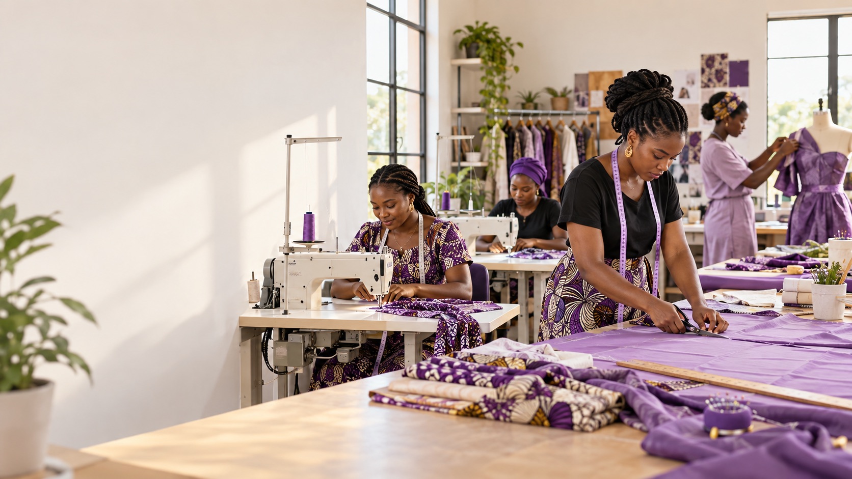 Fashion makers working in a shared sewing studio